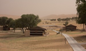 The 1000 Nights Camp, seen through a late afternoon sandstorm