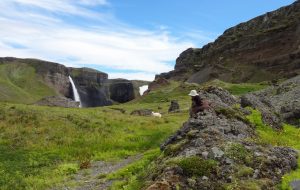 Ryo and Skye trying to sneak up on sheep down in the Haifoss gorge